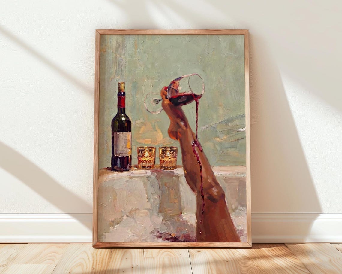 Red Wine Still Life Painting Sage Green Wall Art