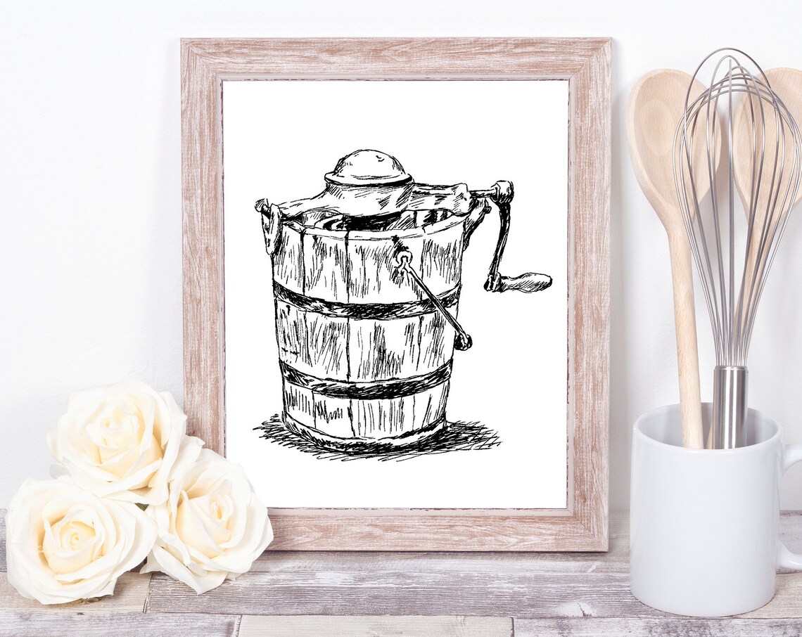 Vintage Ice Cream Churn Ink Sketch Rustic Kitchen Farmhouse Poster