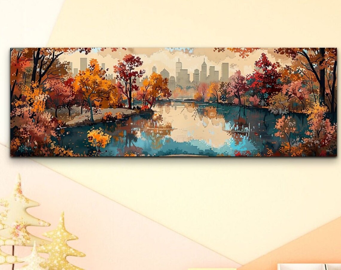 Autumn City Park Lake with Fall Colors Season Panorama Wall Art