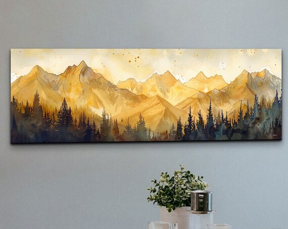 Panoramic Golden Mountain Landscape Ready To Hang Wall Art Print Mountain Art Golden Mountain Art Panoramic Wall Art