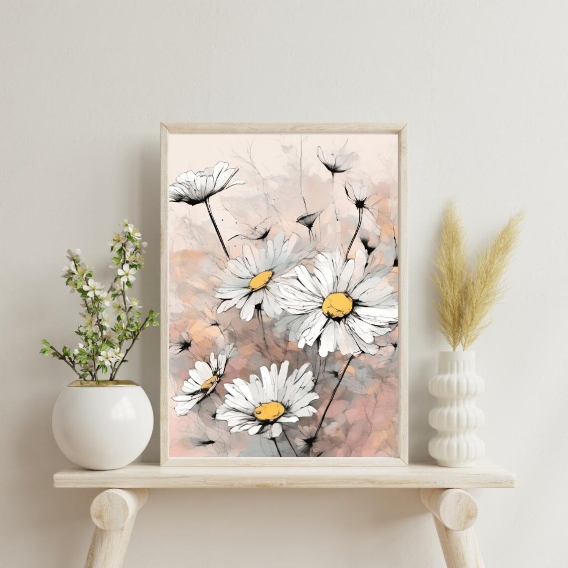White Daisies Line Art Pink Watercolor Floral Spring Wall Art Print
