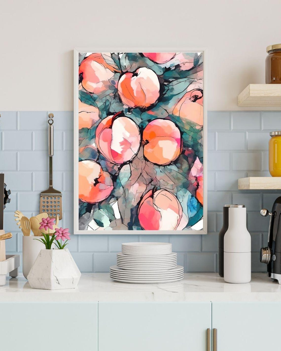 Peach Watercolor Fruit Illustration Teal Leaves Kitchen Art Print - Image 2