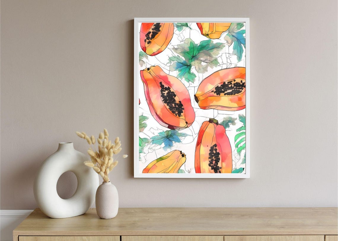 Papaya Watercolor Fruit Pattern Tropical Orange Kitchen Art Print - Image 3