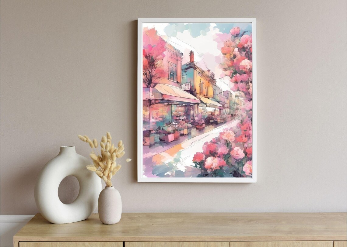European Old Town Street Pink Blossom Watercolor Spring Travel Poster - Image 4