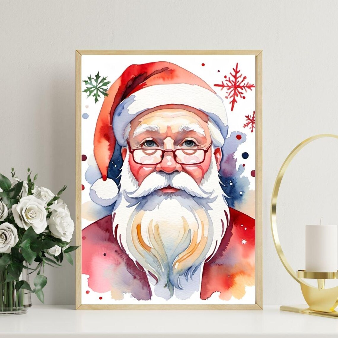 Santa Claus Watercolor Portrait Red Suit Snowflake Christmas Wall Art - Image 2