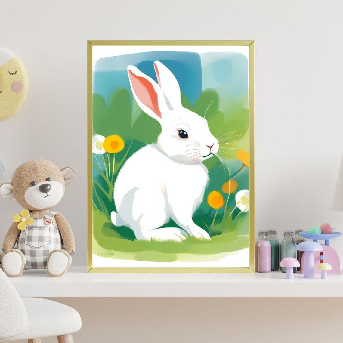 Cute White Bunny Rabbit Garden Flowers Kids Nursery Wall Art Print - Image 4