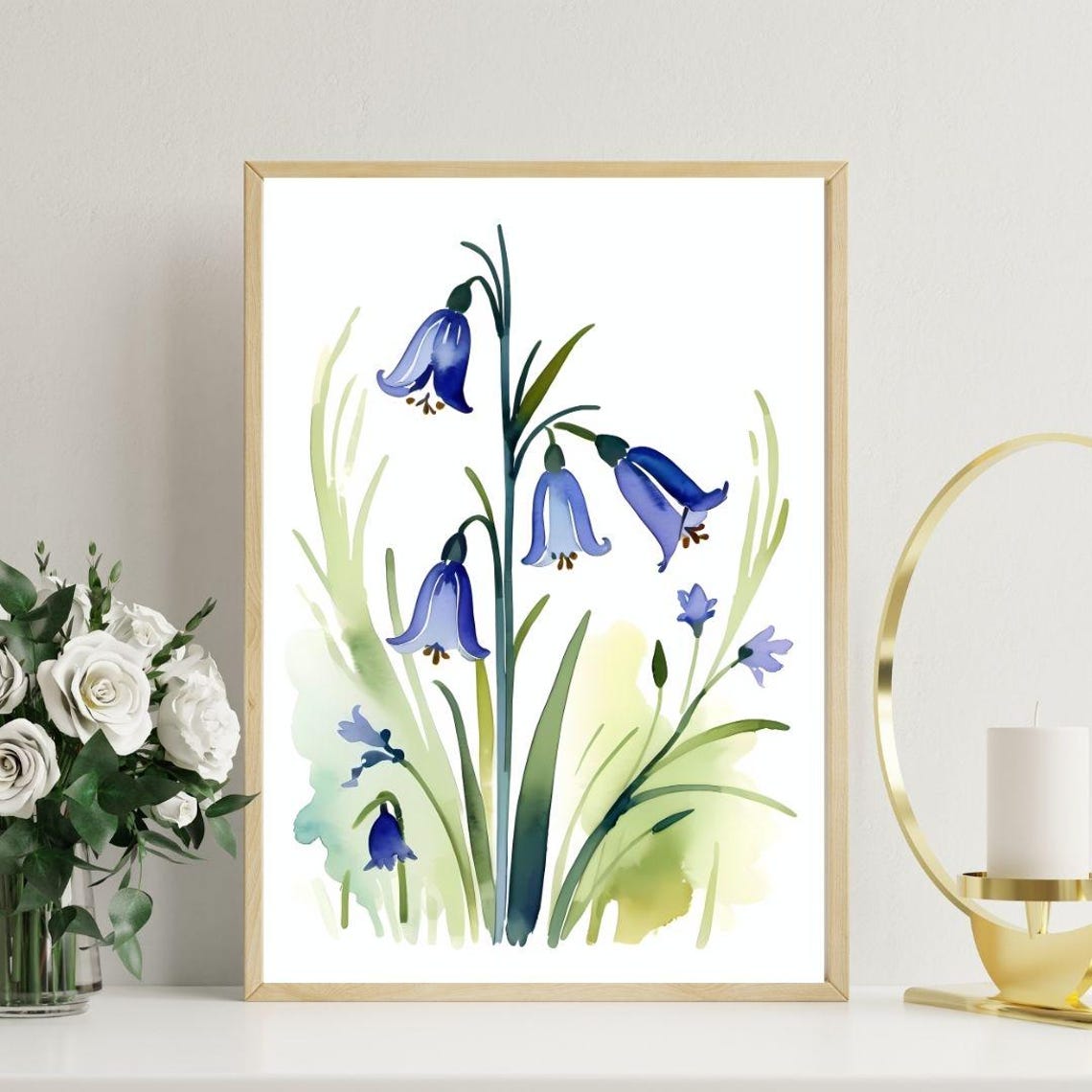 Blue Bluebell Flowers Watercolor Botanical Minimalist Wall Art - Image 2