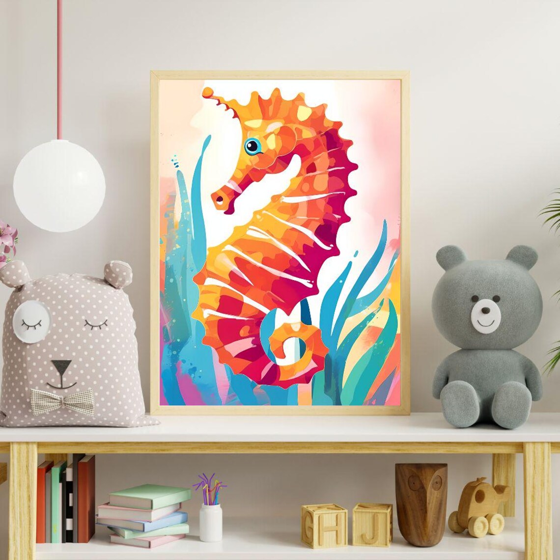 Colorful Seahorse Kids Room Nursery Ocean Sea Life Cute Wall Art Print - Image 2