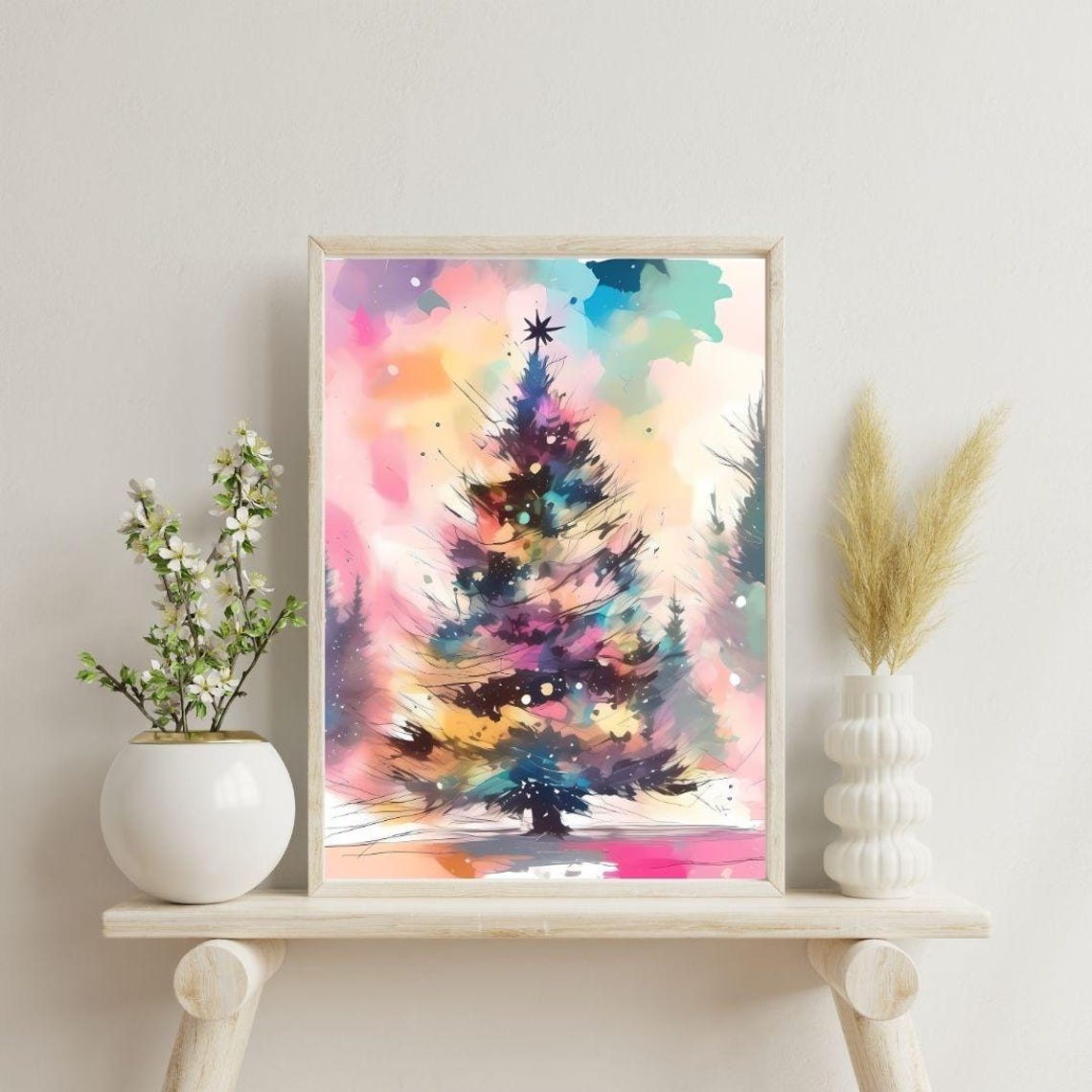 Colorful Christmas Tree Watercolor Pink Teal Holiday Wall Art
