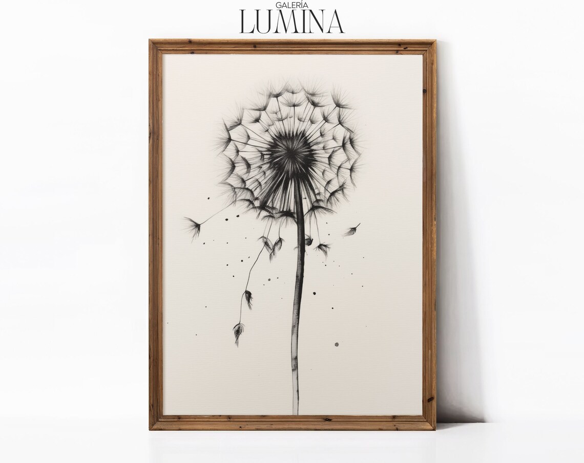 Dandelion Charcoal Sketch, Minimalist Botanical Art Print