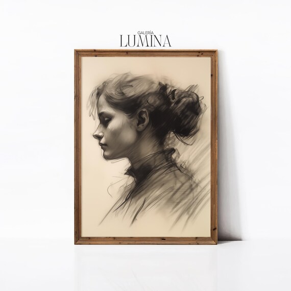 Elegant Woman Profile Charcoal Sketch Victorian Drawing Portrait Poster