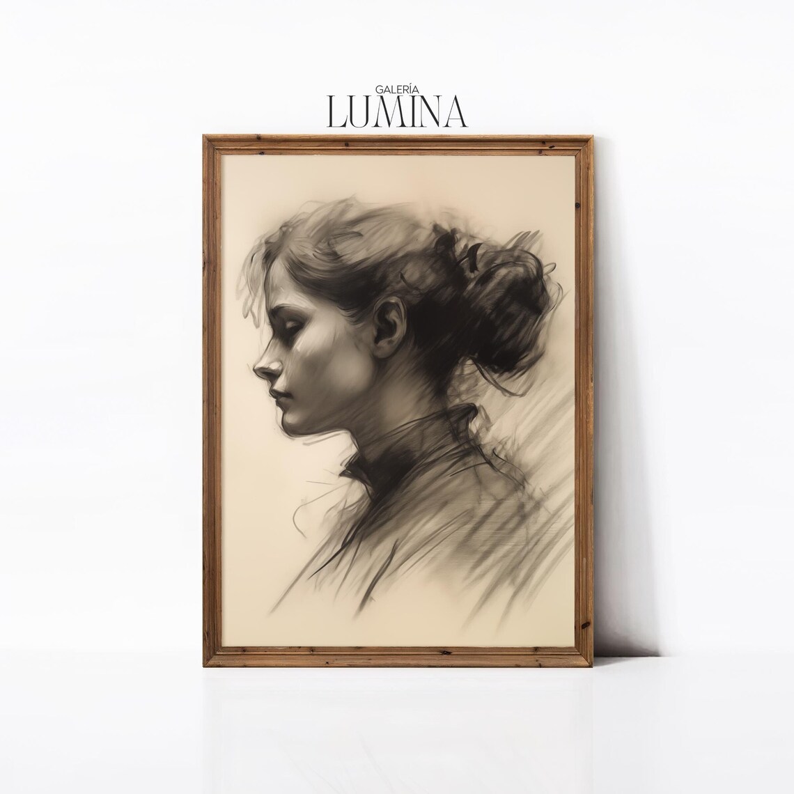 Elegant Woman Profile Charcoal Sketch Victorian Drawing Portrait Poster