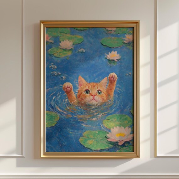 Monet Waterlily Cat Print Claude Monet Inspired Cat Poster Black Cat Floral Art Humorous Cat Wall Decor Whimsical Artistic Poster