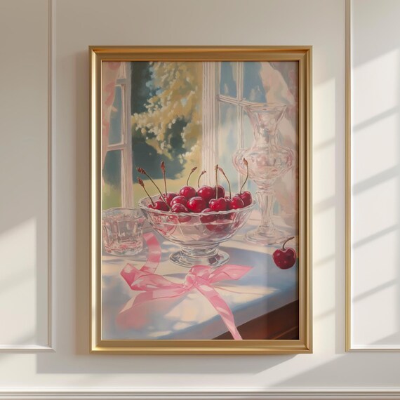 Cherries Crystal Bowl Pink Ribbon Sunny Window Still Life Poster