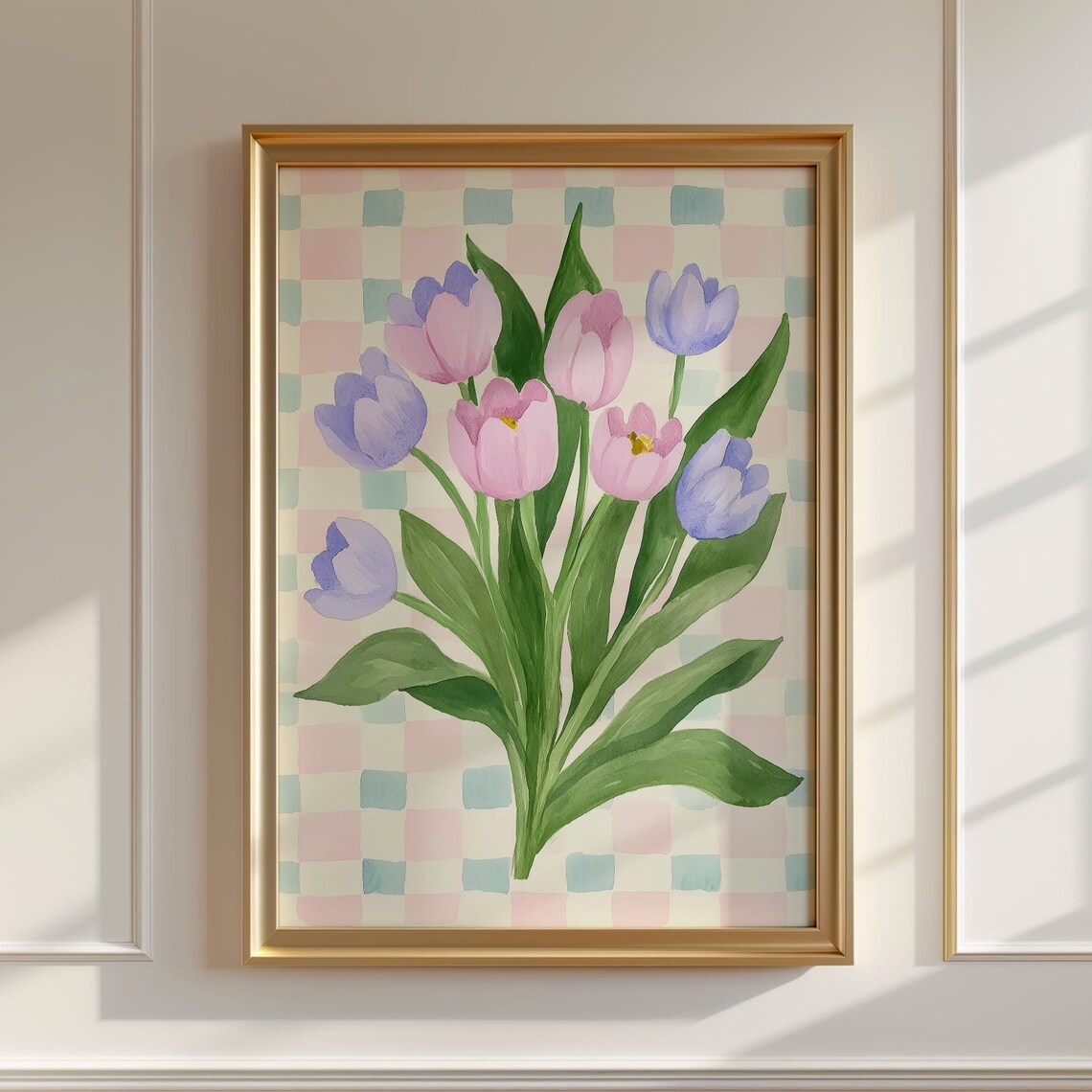 Pink Purple Tulip Bouquet Watercolor Pastel Checkerboard Poster