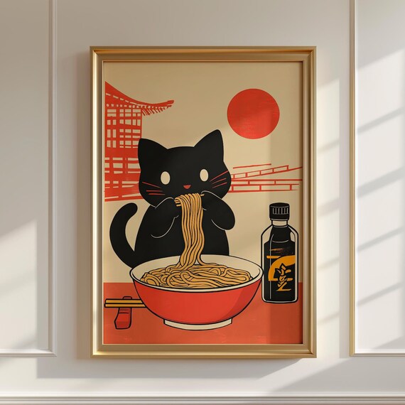 Black Cat Eating Ramen Under Red Sun Cute Japanese Style Food Art Poster