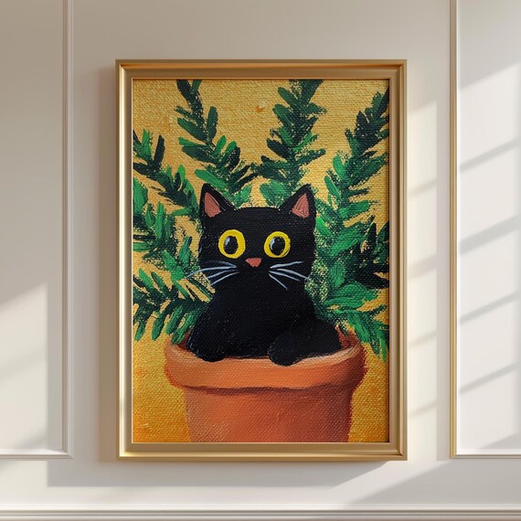 Black Kitten in Terracotta Flower Pot Naive Folk Art Cute Cat Painting Poster