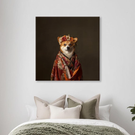 Maximalist Eclectic Fashionista Corgi Print Bold Altered Animal Portrait Fantasy Fun Colorful Flowery Rustic Vintage Floral Art