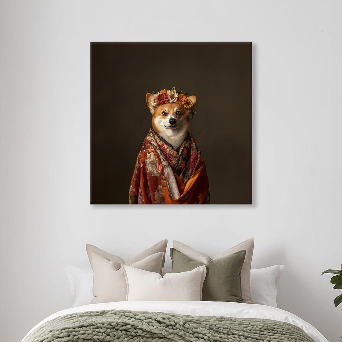 Smiling Corgi Flower Crown Kimono Maximalist Dog Portrait Poster