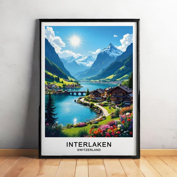 Interlaken Switzerland Travel Poster Scenic Lakes Alpine Peaks And Adventure Hub Wall Art