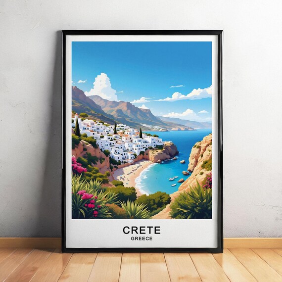 Crete Greece Whitewashed Cliff Village Beach Cove Mountain Poster