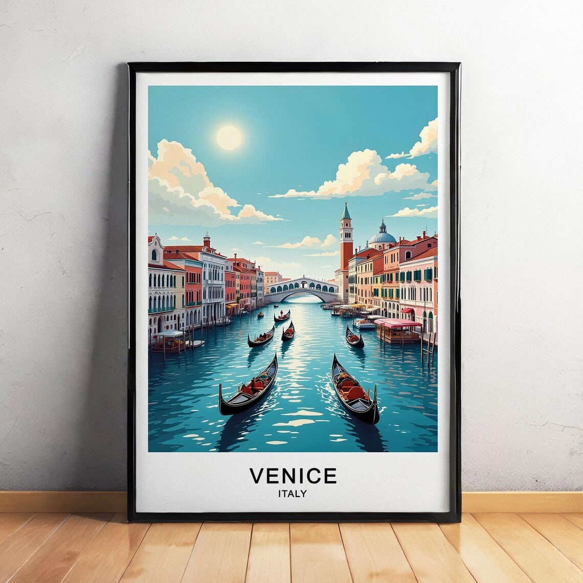 Venice Italy Grand Canal Gondolas Arched Bridge Vintage Travel Poster