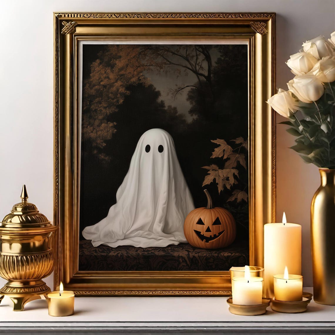 Cute Sheet Ghost With Grinning Jack O Lantern Moody Halloween Poster
