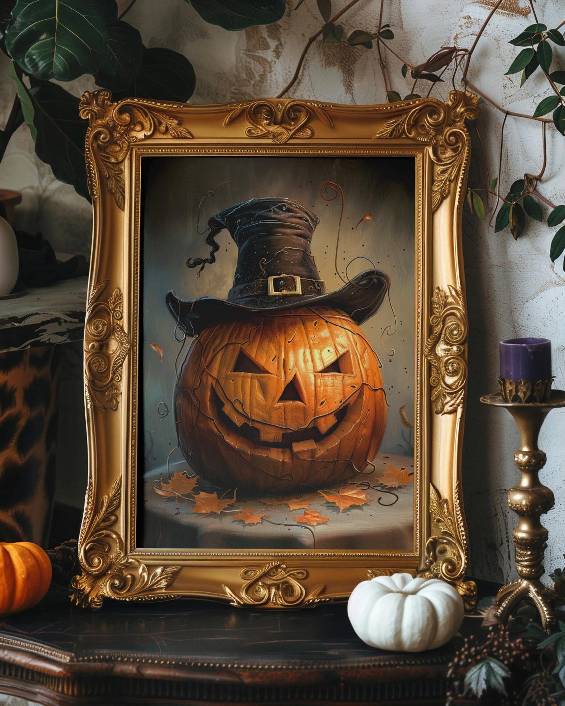 Spooky Jack-O-Lantern Pumpkin in Witch Hat Halloween Art Poster