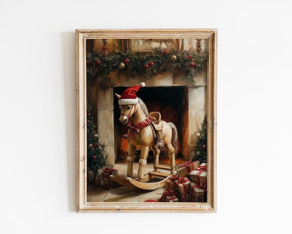 Wooden Rocking Horse in Santa Hat by the Fireplace Art Poster