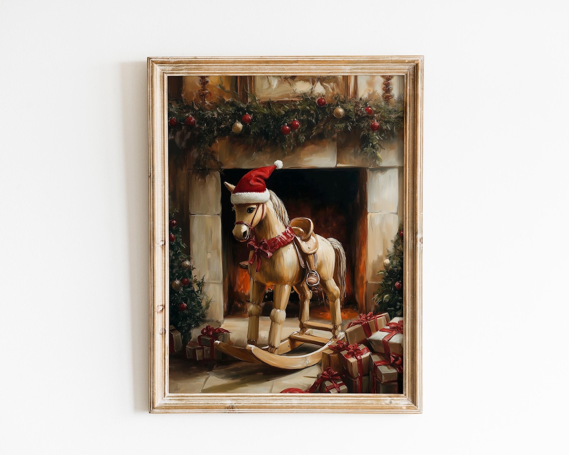 Wooden Rocking Horse in Santa Hat by the Fireplace Art Poster