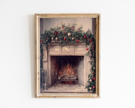 Cozy Christmas Fireplace With Garland And Ornaments Painting Poster