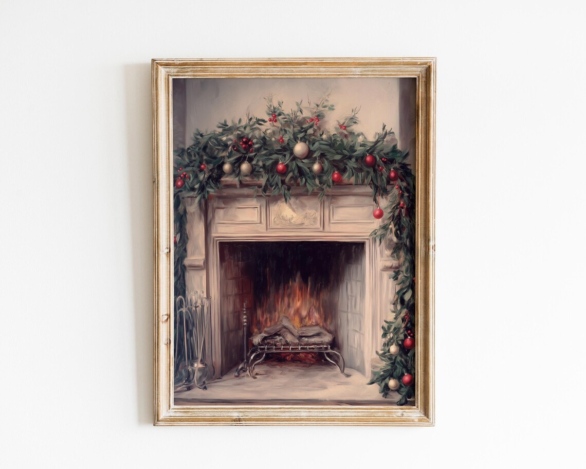 Cozy Christmas Fireplace With Garland And Ornaments Painting Poster
