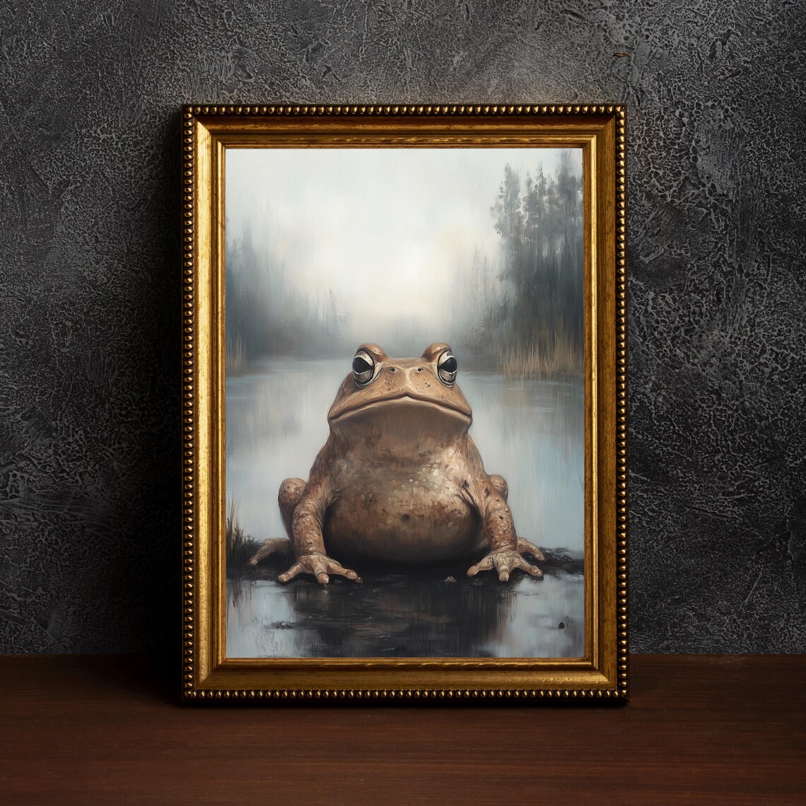 Lake Toad Antique Oil Painting, Vintage Frog Art