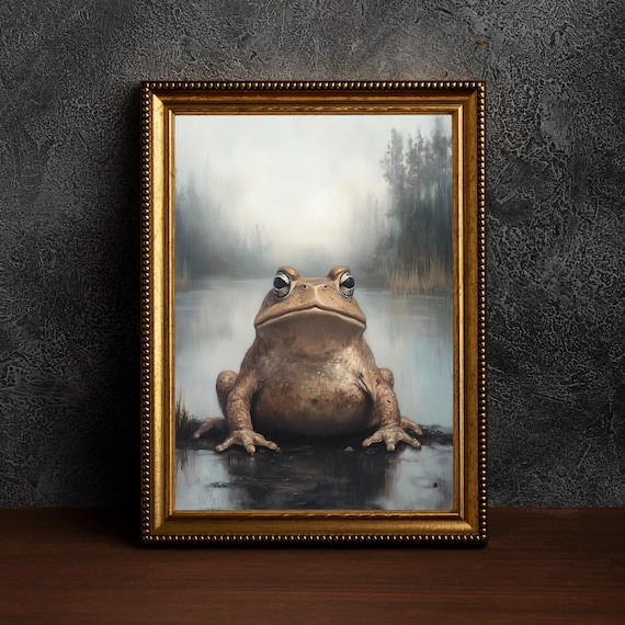 Lake Toad Antique Oil Painting, Vintage Frog Art