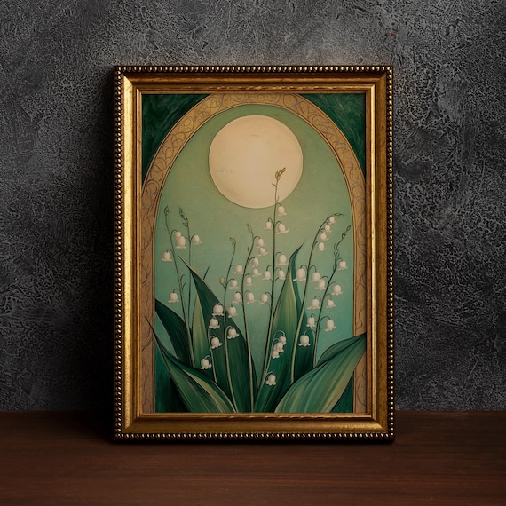 Lily Of The Valley And Moon Art Print, Art Nouveau