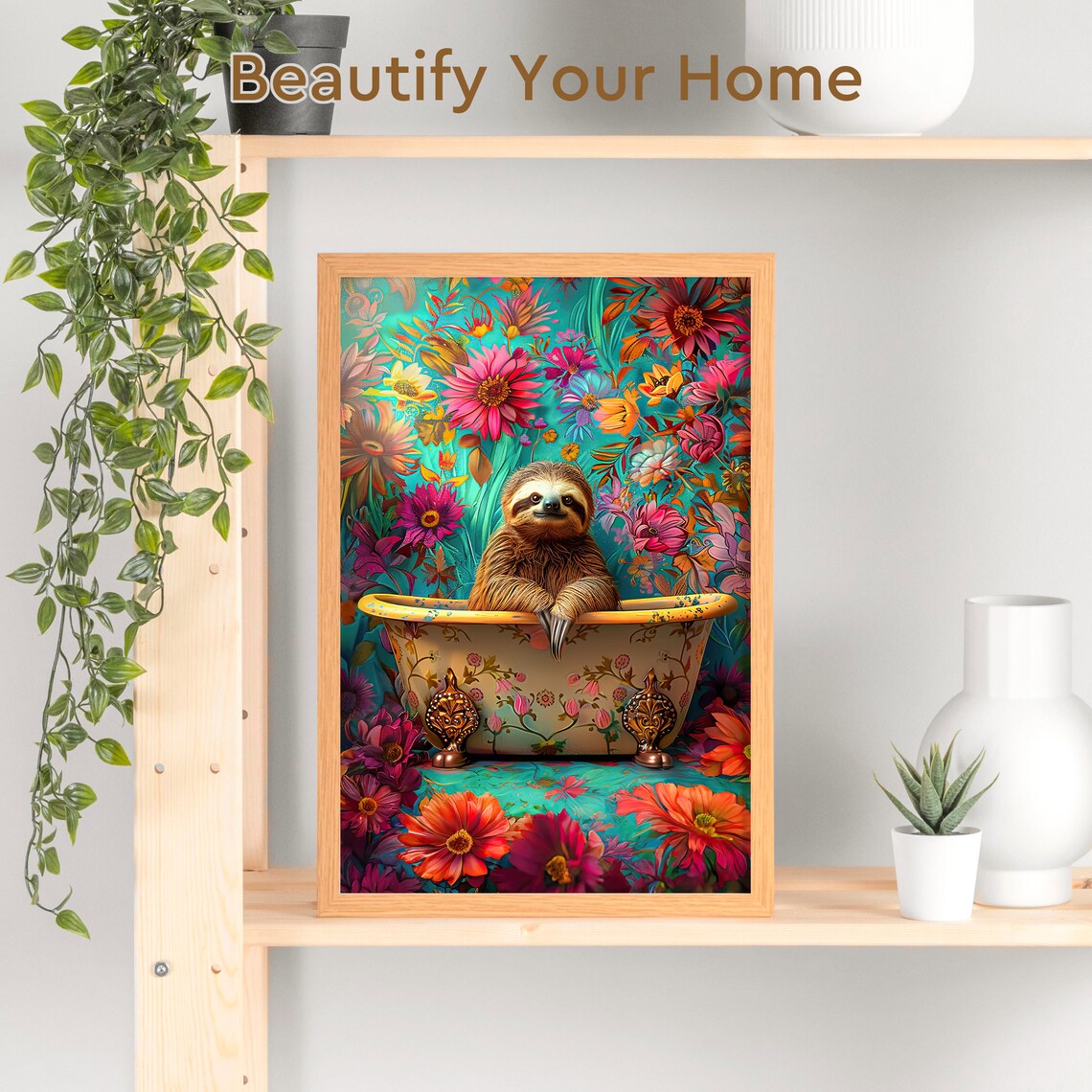 Sloth Relaxing in Floral Bathtub Tropical Flower Bath Poster - Image 3