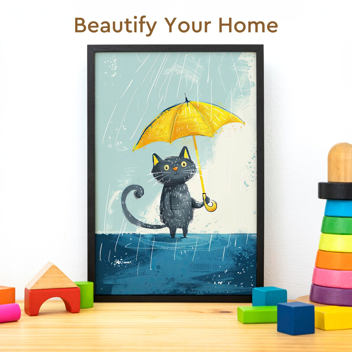 Black Cat Holding a Yellow Umbrella in the Rain Illustration Poster - Image 3