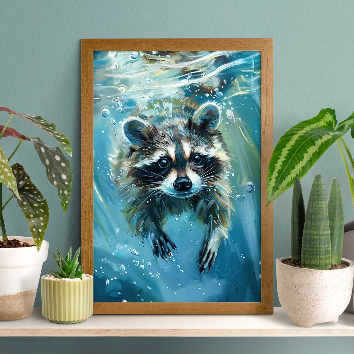 Raccoon Diving Underwater with Splashing Bubbles Painted Blue Poster