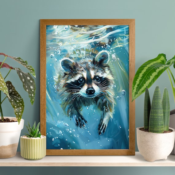 Raccoon Diving Underwater with Splashing Bubbles Painted Blue Poster