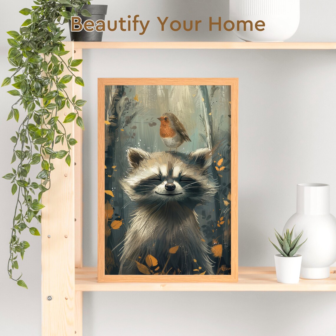 Joyful Raccoon and Bird Poster, Funny Wildlife Art - Image 3