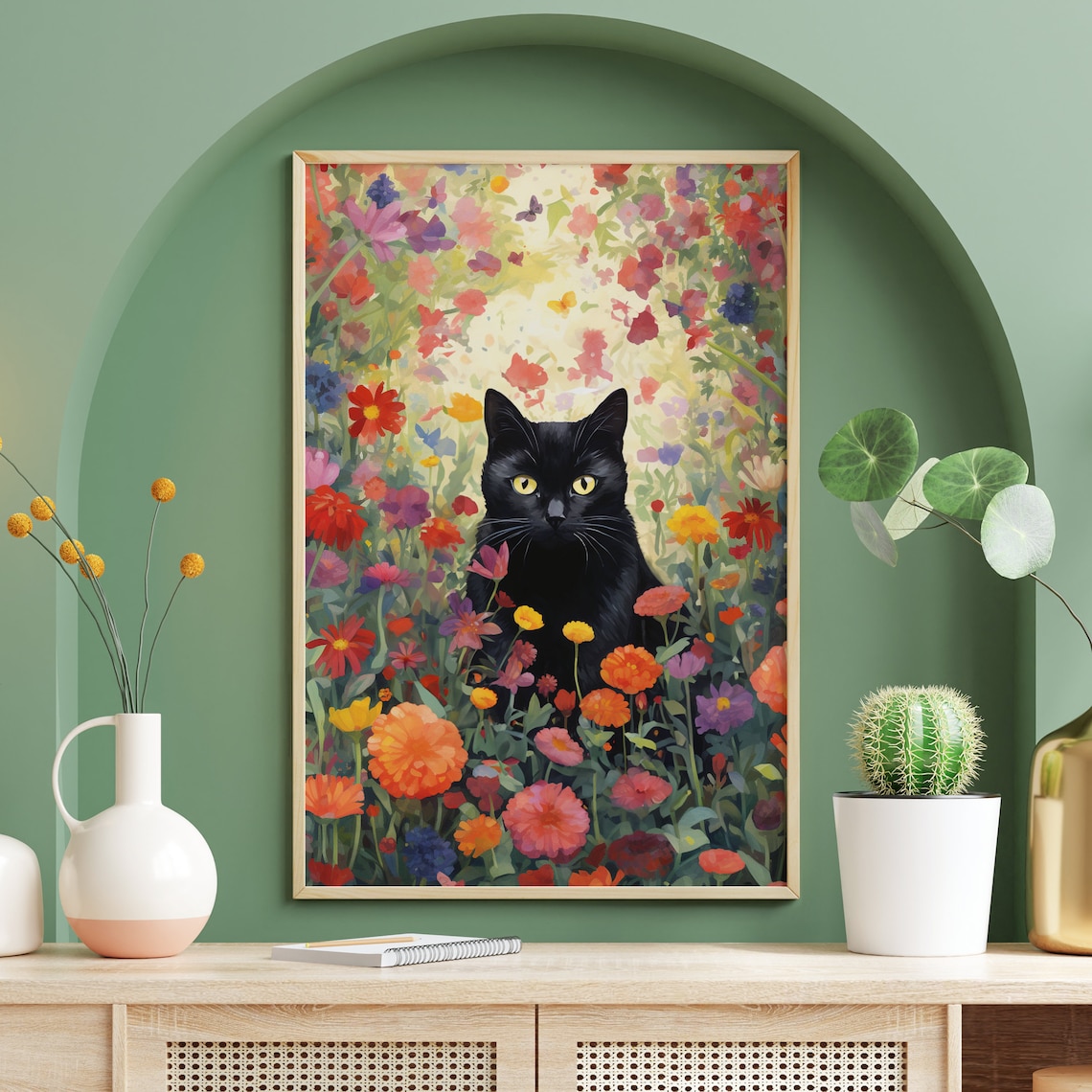 Black Cat and Flowers Watercolor Art Print, Forestcore