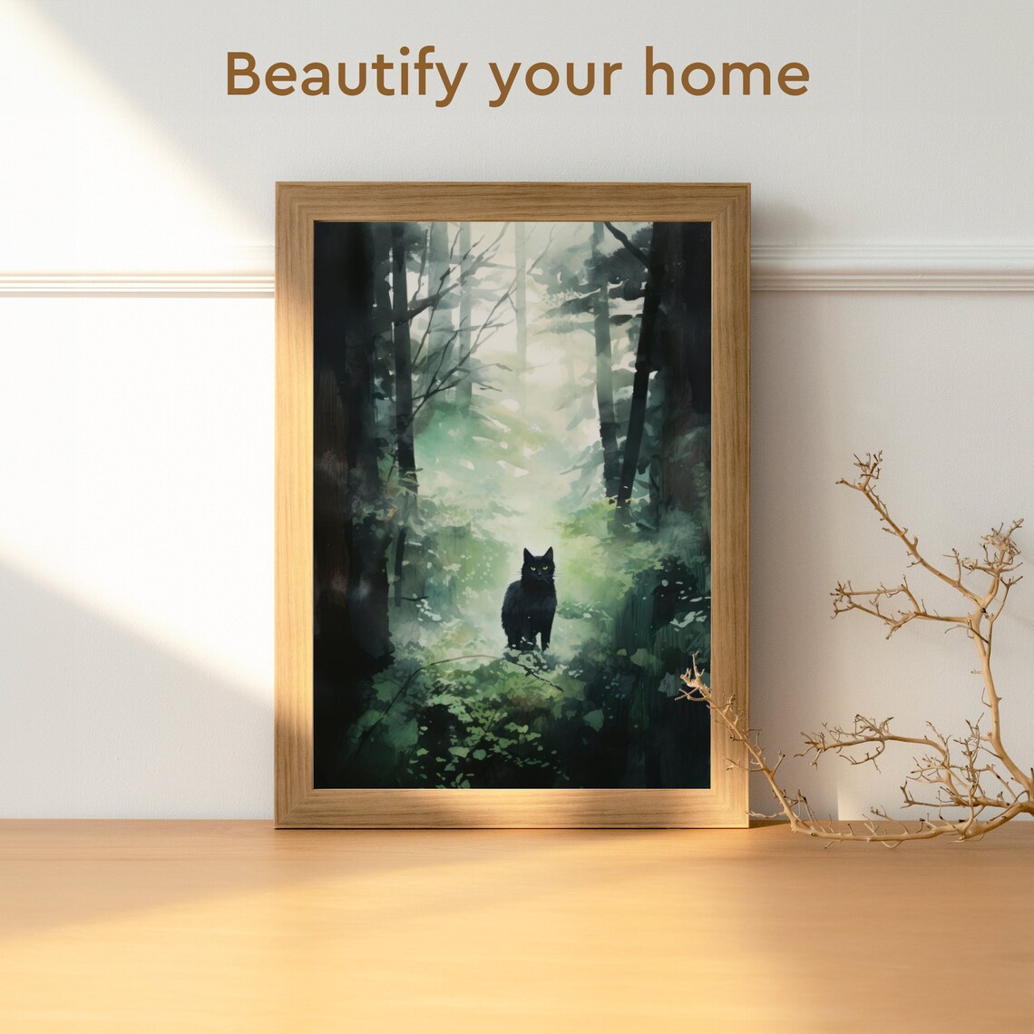 Foggy Forest Black Cat Watercolor Poster, Nature Art - Image 3
