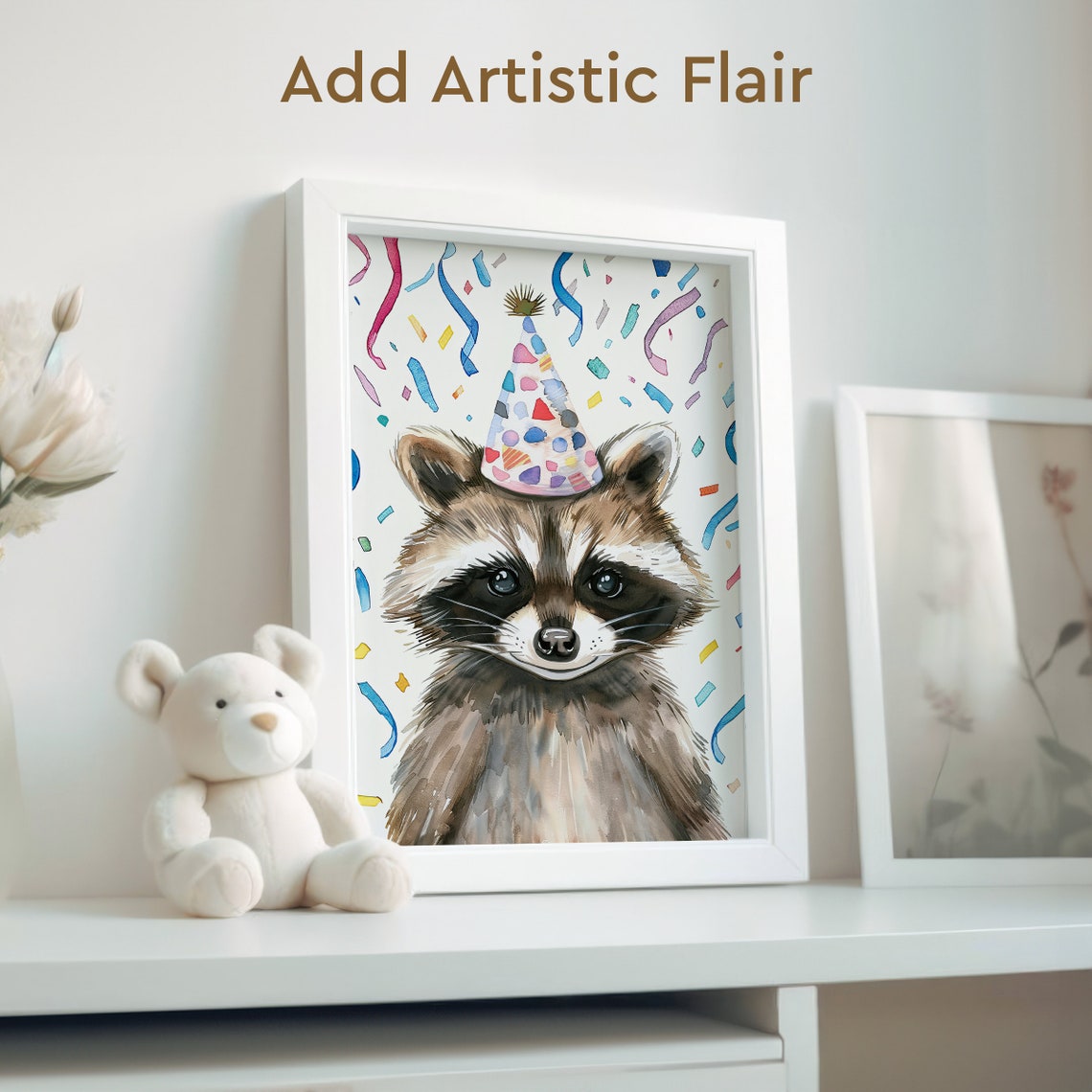 Smiling Raccoon Wearing a Birthday Party Hat with Confetti Poster - Image 2
