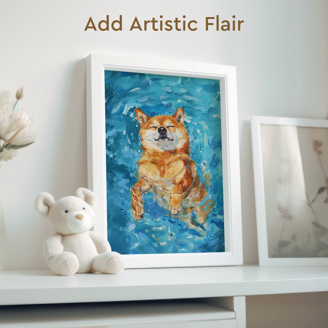 Funny Shiba Inu Swimming in a Pool Vintage Oil Painting Dog Poster - Image 2
