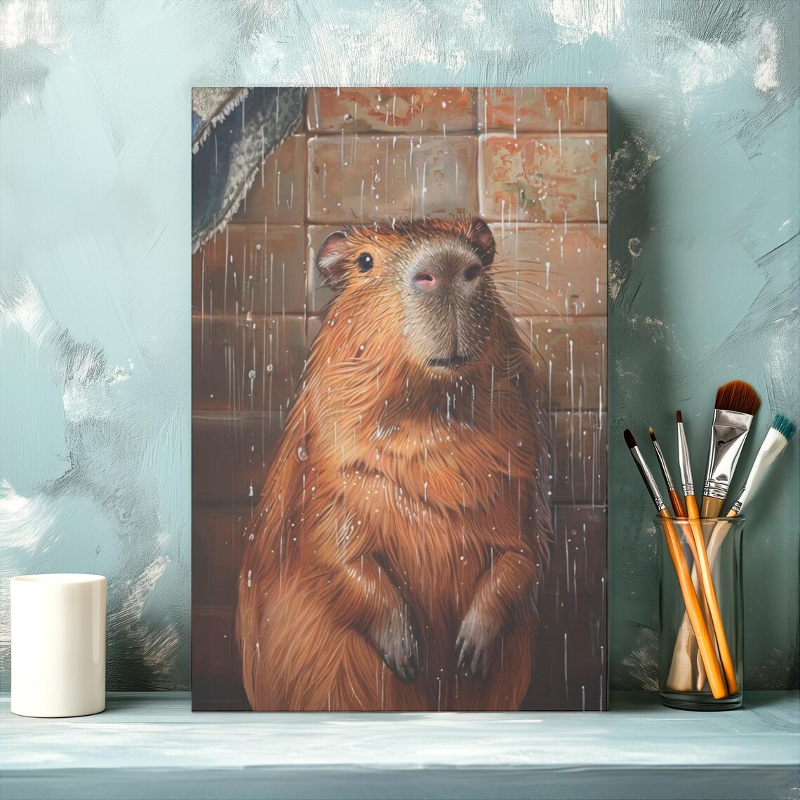 Funny Capybara Happily Enjoying a Warm Rain Shower Bathroom Poster