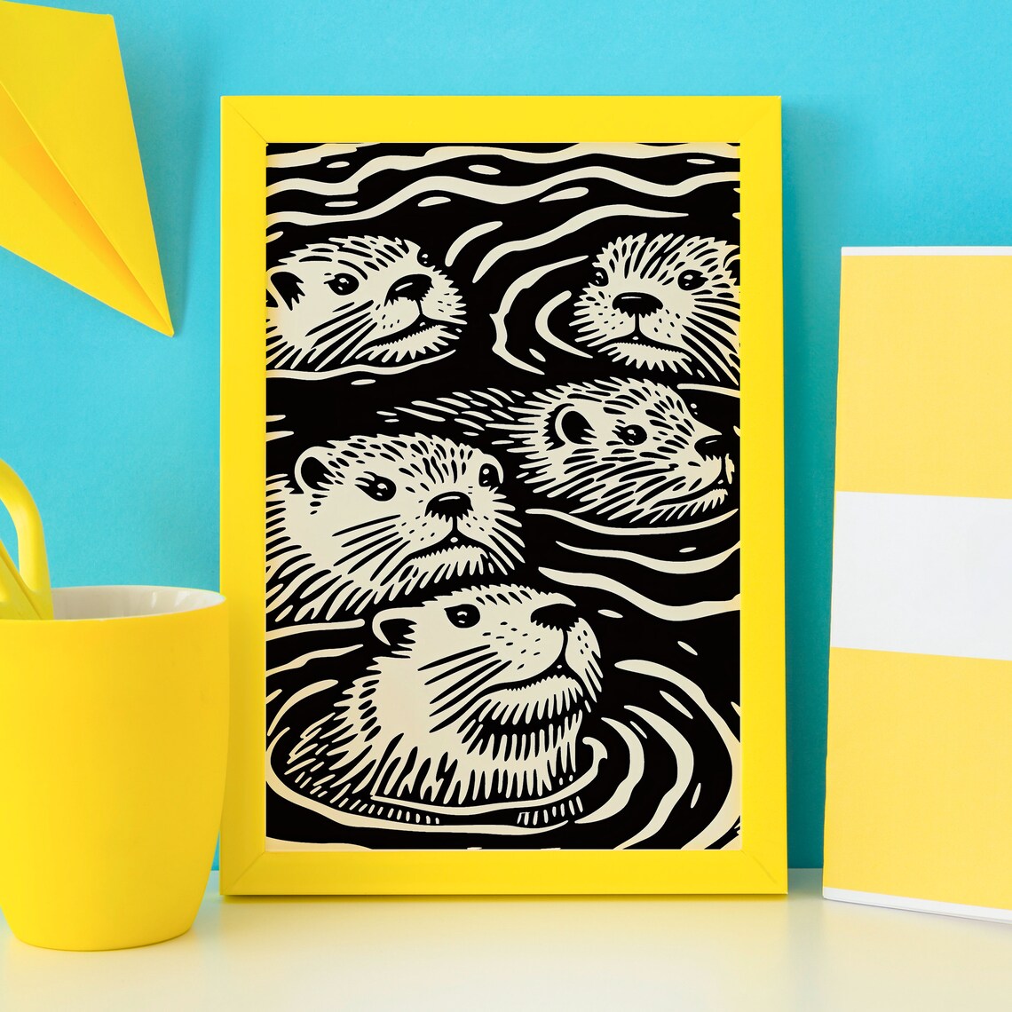 Woodcut Style Swimming Otter Family Black and White Linocut Poster