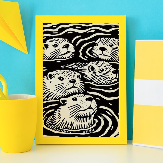Woodcut Style Swimming Otter Family Black and White Linocut Poster