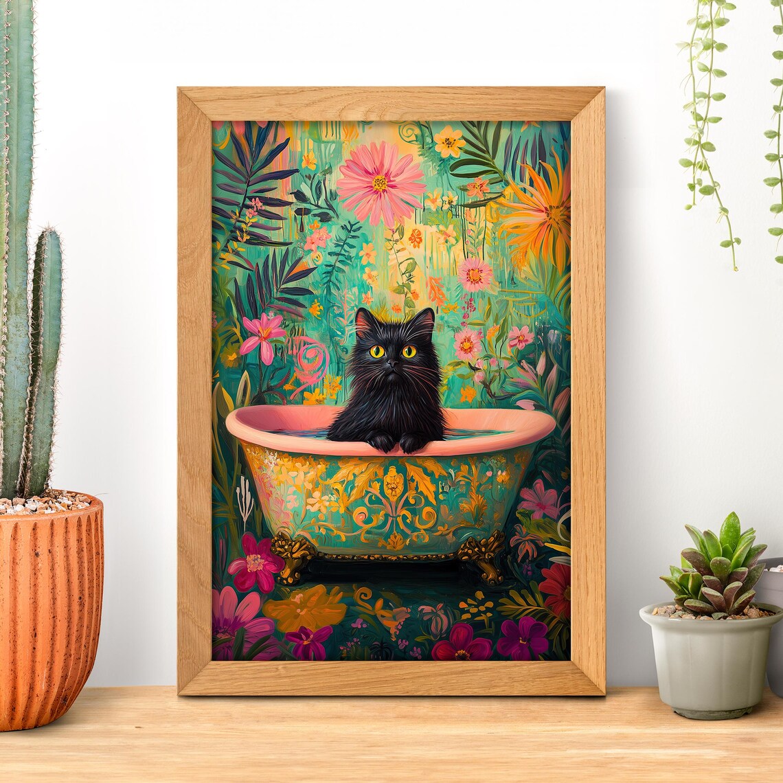 Floral Bathtub Cat Portrait, Bath Decor Art Print