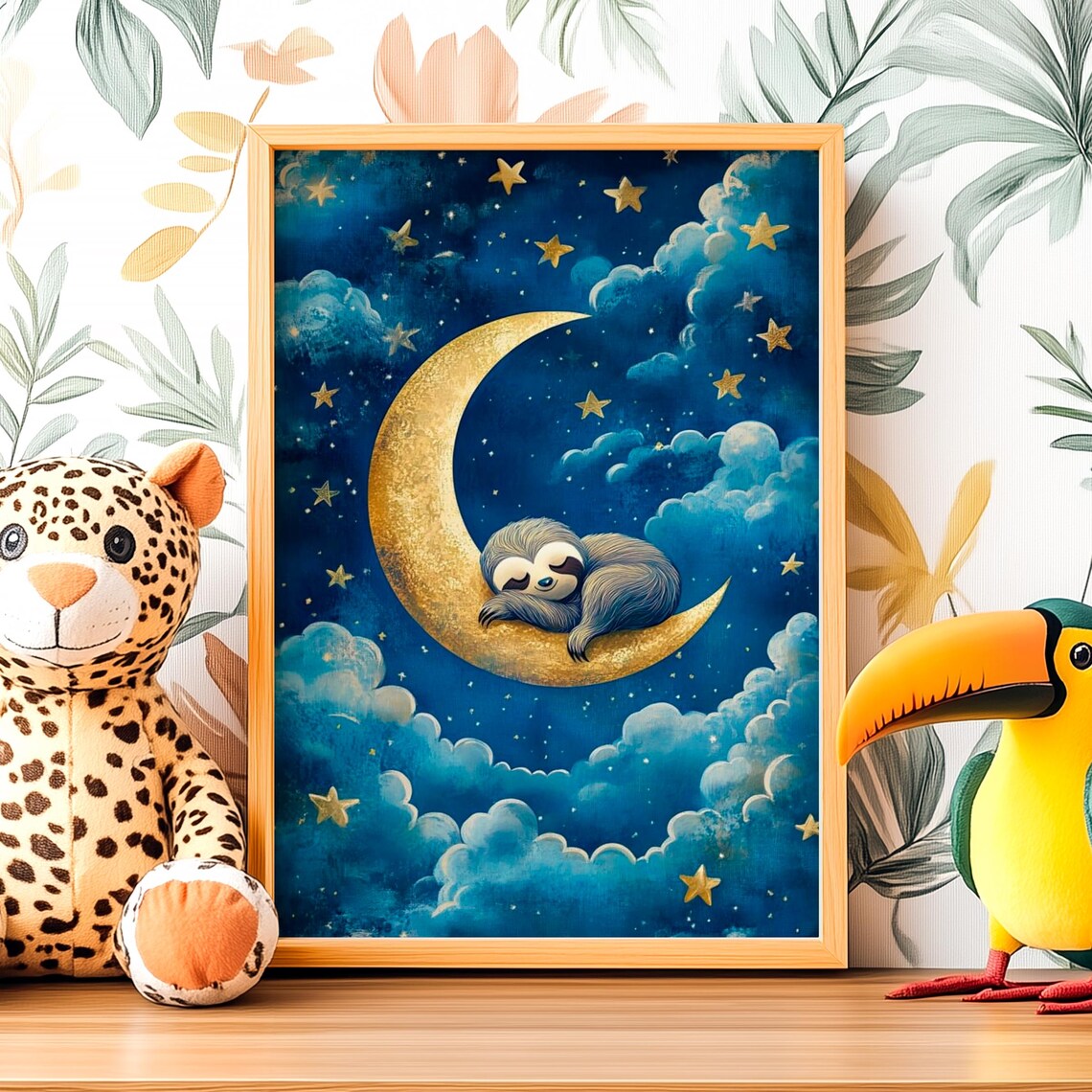 Crescent Moon Dreamy Sloth, Starry Night Wall Art Print