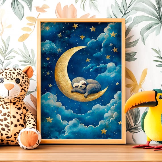 Crescent Moon Dreamy Sloth, Starry Night Wall Art Print
